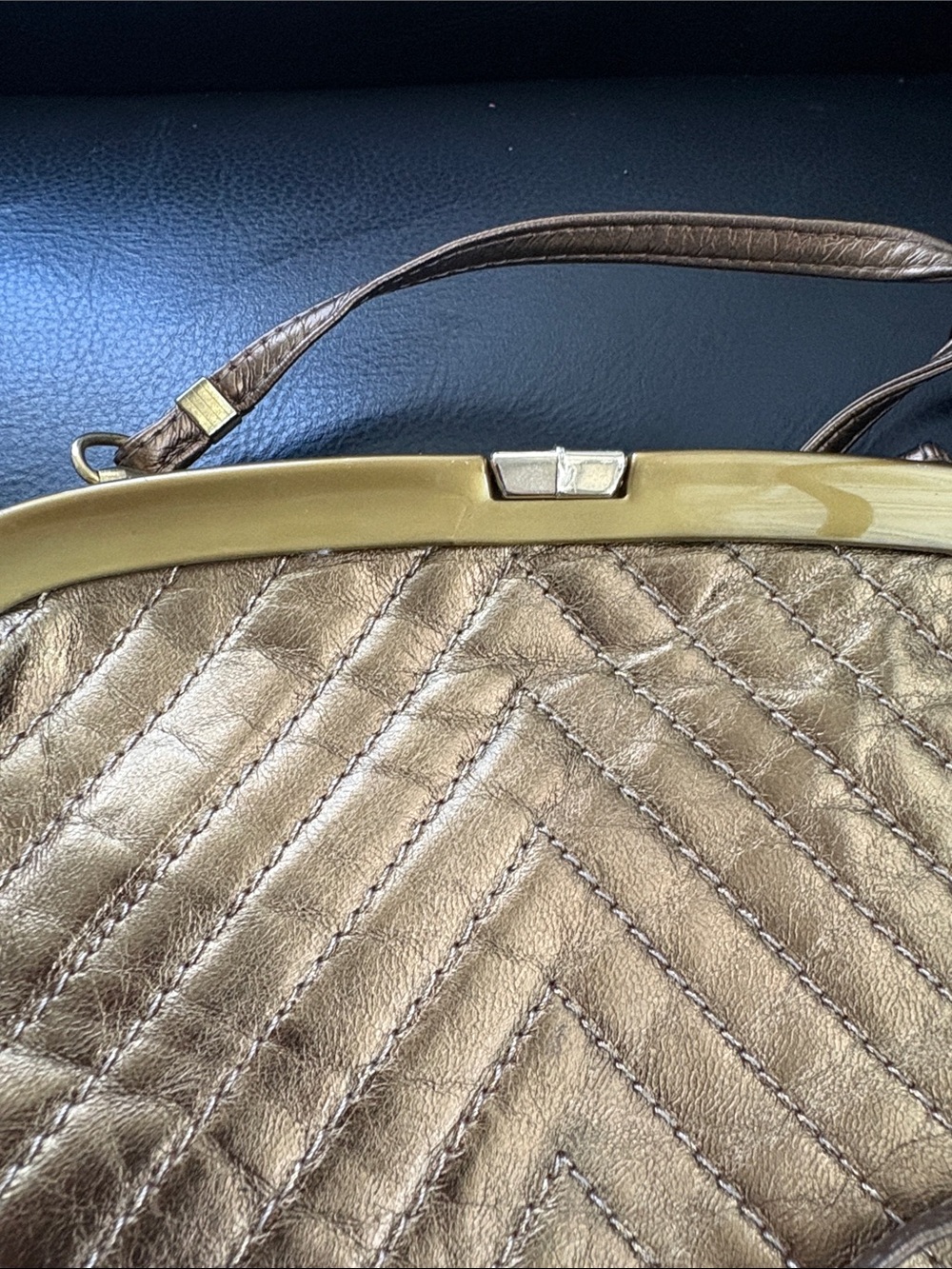 Vintage Leather chevron Quilted Evening Bag With Slim Leather Shoulder Stap - Picture 3 of 10